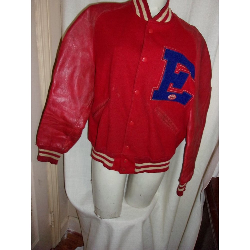 Vintge Letterman High School Jacket Red Size 40 Large E Patch 1950's Football